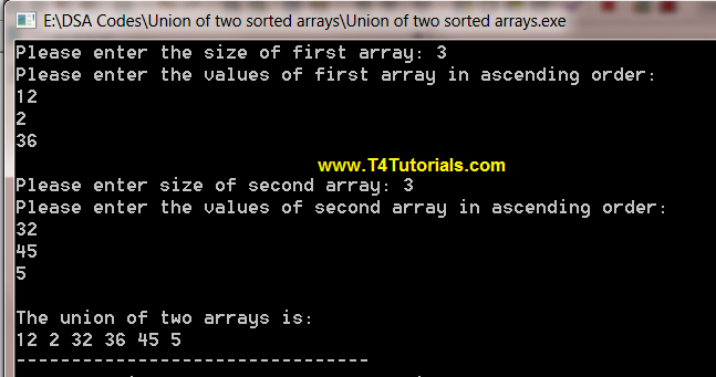 Program to find the union of two sorted arrays in CPP (C plus plus)