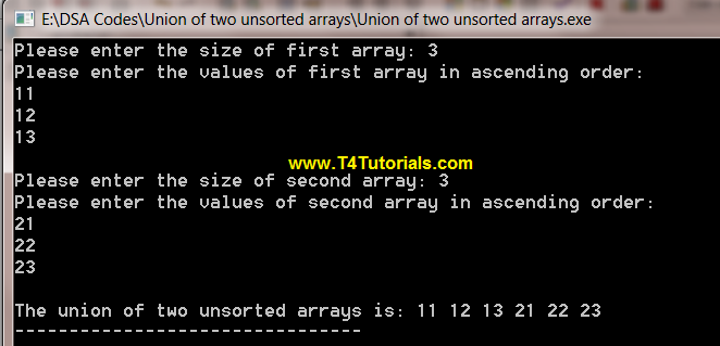 Program to find the union of two unsorted arrays in CPP (C plus plus)