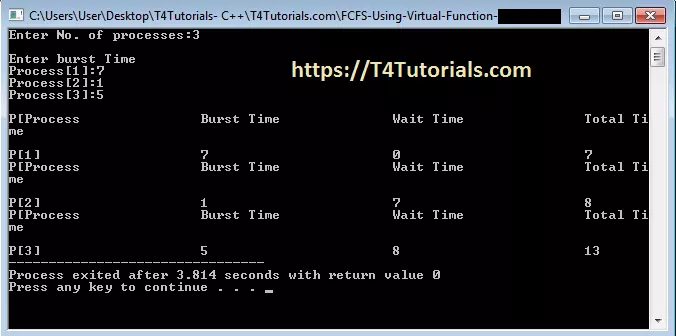 FCFS Process Scheduling Implementation in C++ by using Virtual Function