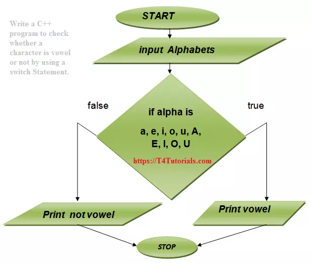 Flowchart of the program to check that a character is a vowel or not by using the switch Statement