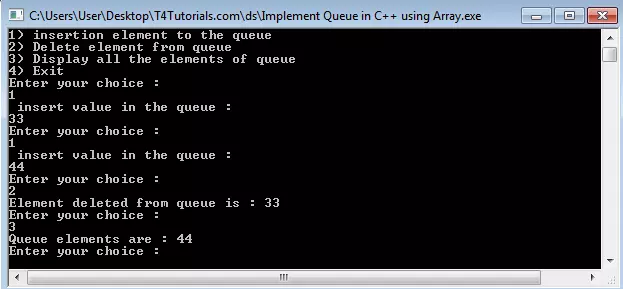 insert deque and display elements from queue using arrays c++