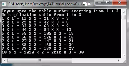 C++ Program of Multiplication table Vertically from 1 to n using for loop