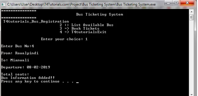 Bus Ticket Reservation System Project in C++
