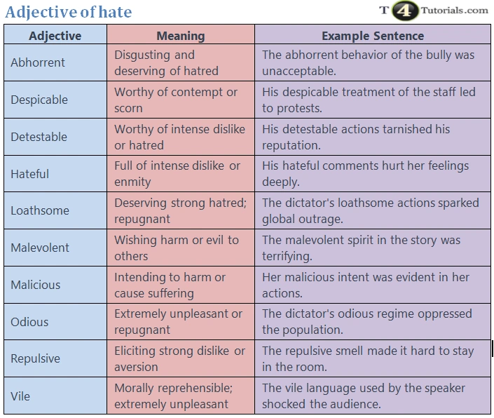 Adjective of hate | How to Describe Hate? | T4Tutorials.com