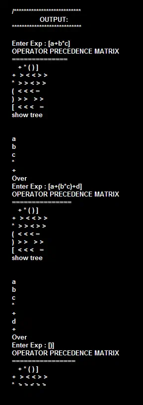 C++ Program to parse a string using Operator Precedence parsing