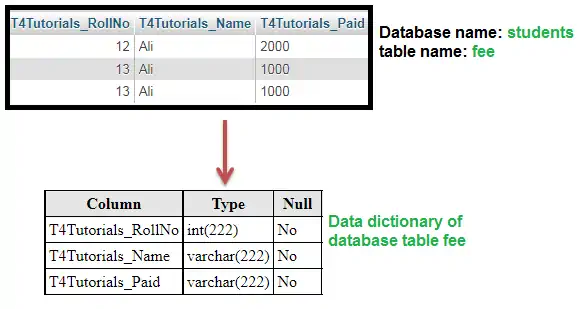 Example of Data Dictionary Meta Data