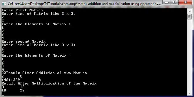 Matrix addition using operator overloading in C++