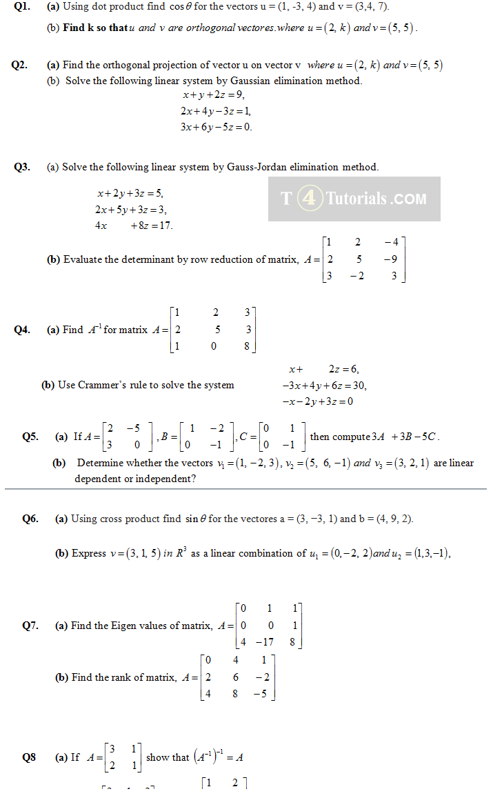 Past Guess Paper of Applied Linear Algebra